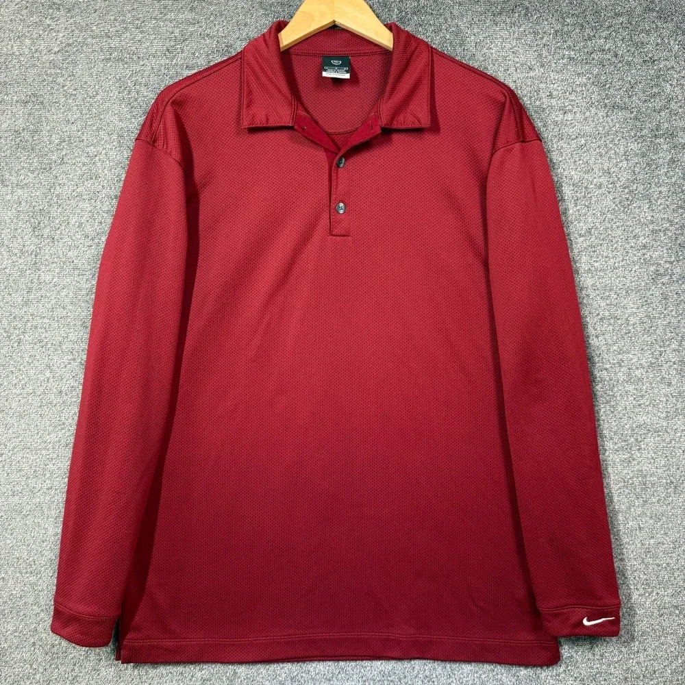 Nike Golf Polo Shirt Sphere Dry Mens L Long Sleeve Burgundy Red Textured L